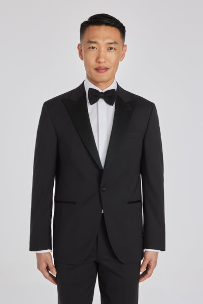 Elwood Solid Wool Peak Lapel Tuxedo Jacket in Black