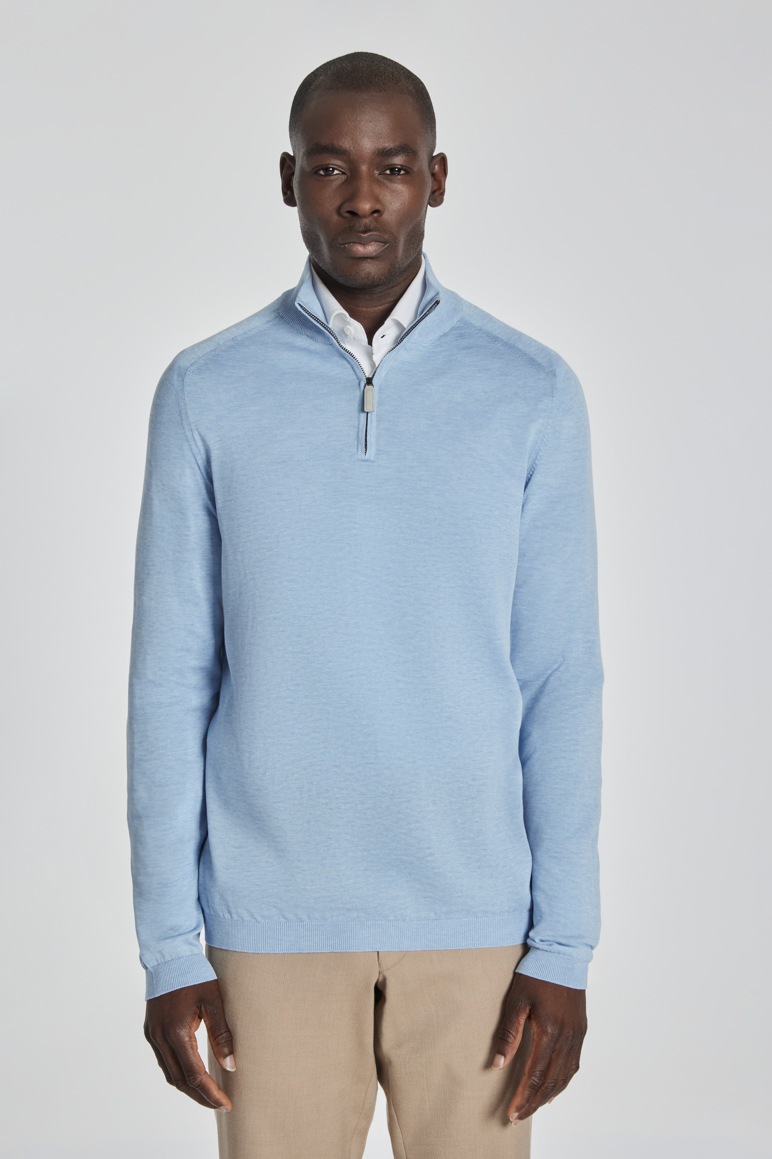 Jack Victor Men's SetiCo Solid Cotton and Silk Quarter Zip Sweater in Sky  Blue