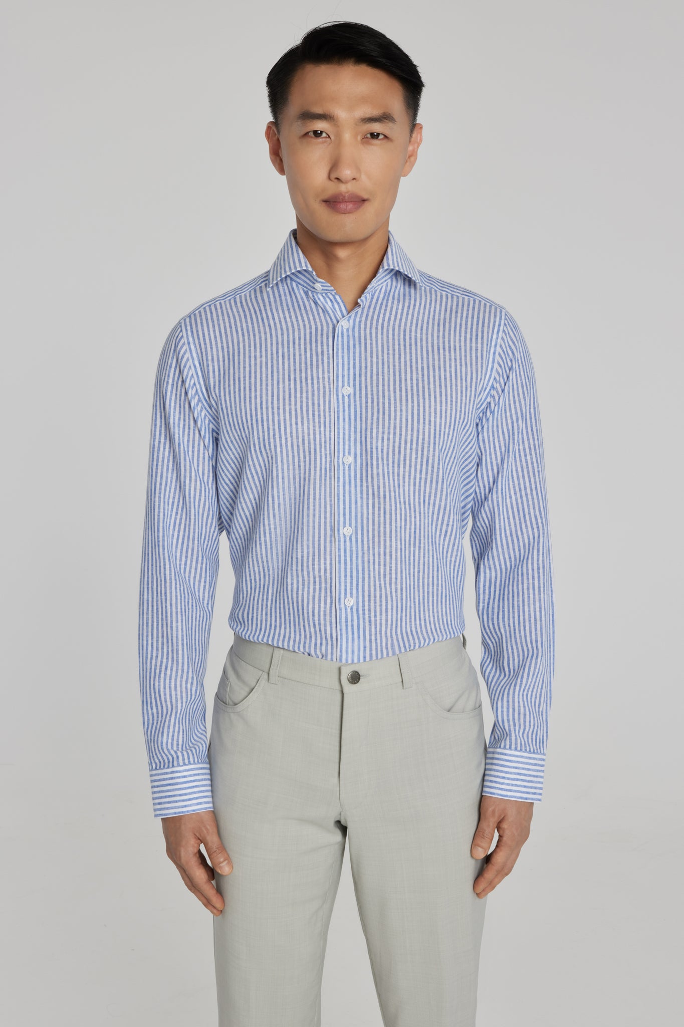 Jack Victor Men's Blue and White Striped Linen and Cotton Shirt